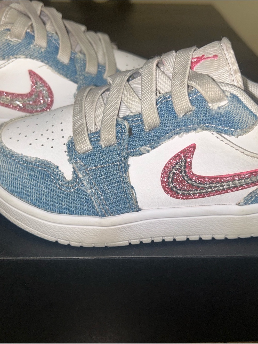 Nike Kids' White & Denim Sneakers with Pink Swoosh